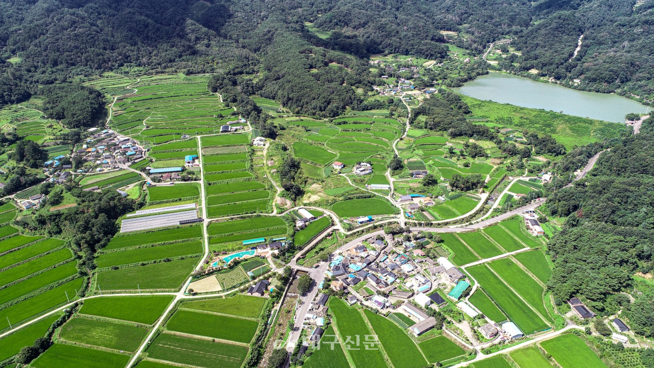 낫질신리마을은 옥담(옥달), 낙골(낫골), 음지마 등 세 마을로 이뤄져 있는데 인구가 점점 줄어 지금은 70호 정도만 남았다. 사진 아래쪽 마을이 옥담, 신동저수지 옆이 낙골, 왼쪽 위가 음지마이다. 신동저수지를 지나 올라가면 미숭산자연휴양림과 대가야고령생태숲으로 가는 길이 나온다. 전영호 기자