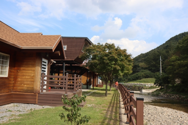 독채로 된 통나무 펜션 앞으로는 궁기천이 흐른다.