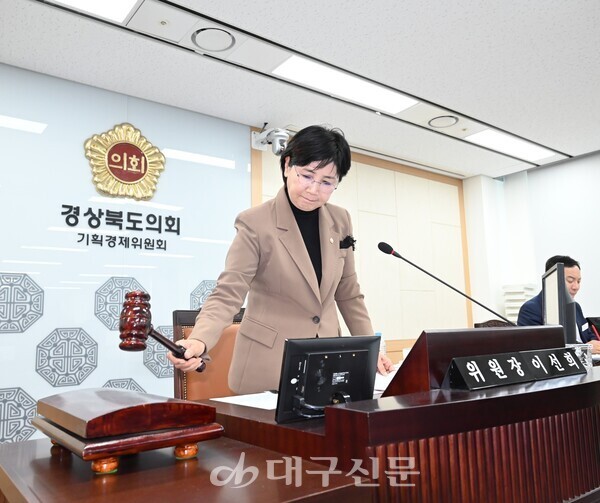 경상북도의회 기획경제위원회 이선희 위원장이 18일 기획조정실, 대변인, 자치경찰위원회, 미래전략기획단을 대상으로 한 2025년도 행정사무감사 시작을 선언하고 있다.