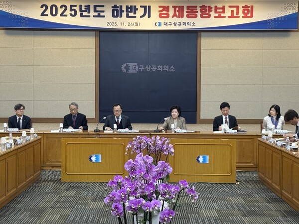 박윤경 대구상공회의소 회장이 24일 오후 3시부터 대구상의 10층 대회의실에서 열린 '2025년도 하반기 경제동향 보고회'에서 인사말을 하고 있다.